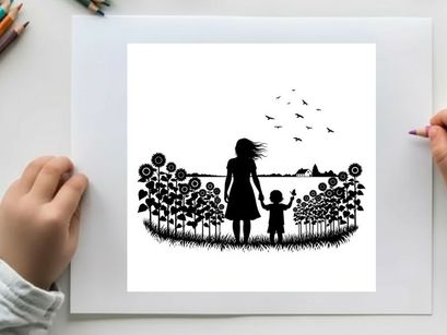 Silhouette of a woman and child in a field of sunflowers