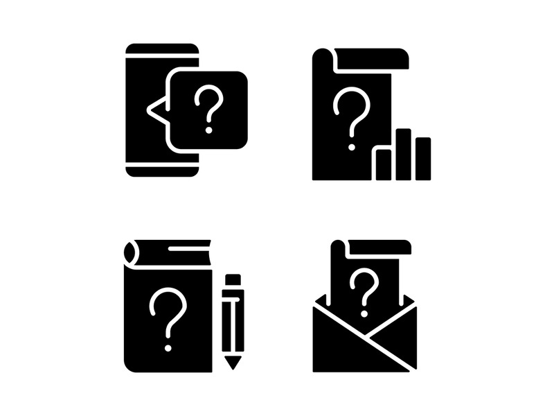 Questions in business and education black glyph icons set on white space