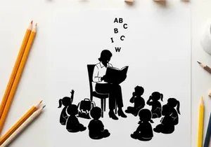 Silhouette of teacher reading to children in a classroom setting