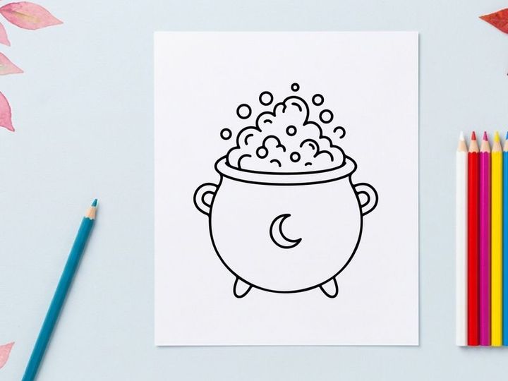 Witch cauldron icon with bubbling potion. Magic pot line art for Halloween design.