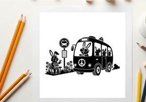Peaceful silhouette of a psychedelic bus with bunnies on a road trip