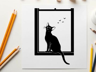 Silhouette of a cat looking out the window at birds silhouette