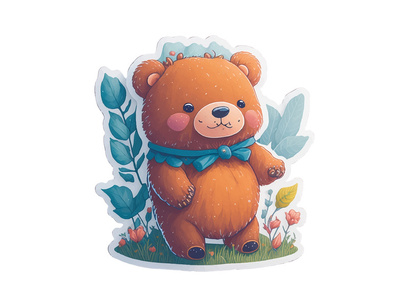 cute teddy bears stickers with flowers and leaves, isolated in white background