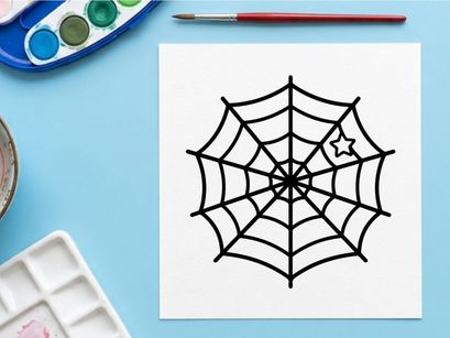 Halloween spider web with glowing star center. Black and white geometric web design for spooky decorations.
