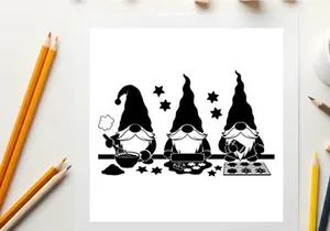 Three gnomes baking with stars and silhouette decorations