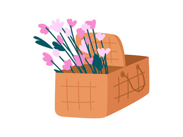 Picnic basket with flowers semi flat color vector object preview picture