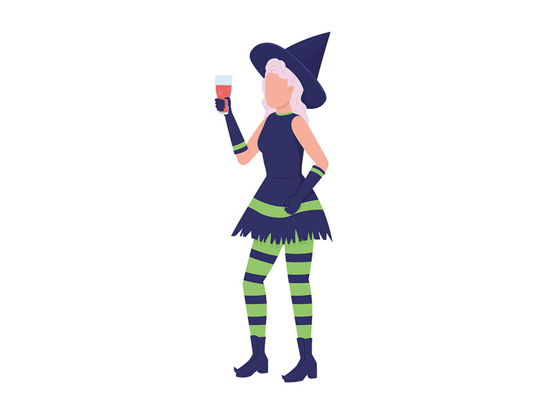 Lady wearing witch halloween costume semi flat color vector character