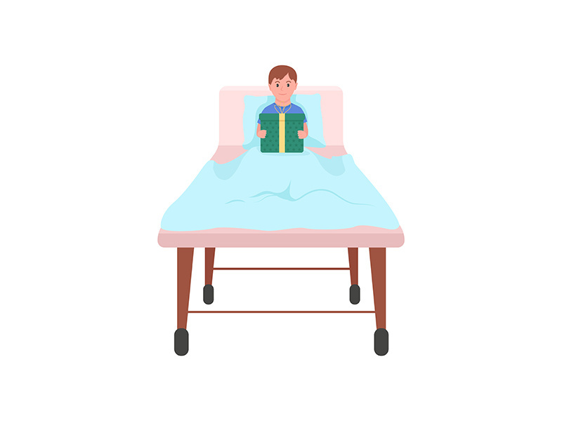 Happy child with gift in hospital bed flat color vector detailed character