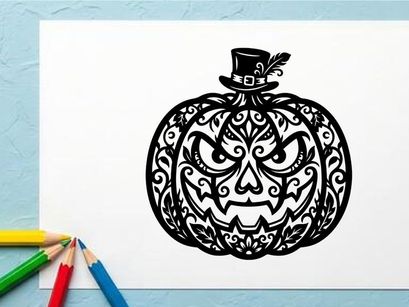 Labu Halloween dengan wajah ukiran dan topi penyihir untuk perayaan seram