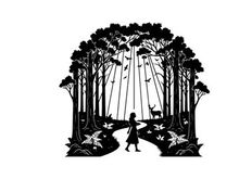 Silhouette of a girl in a forest with deer silhouette