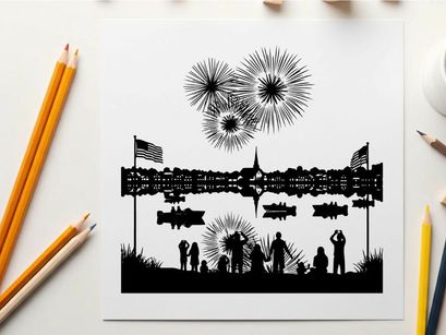 Silhouette of people watching fireworks on a patriotic american cityscape