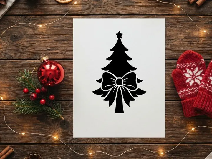 Black silhouette of a Christmas tree with a decorative bow icon on white background