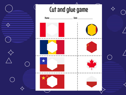 12 Pages Cut and glue game for kids with country flag. Cutting practice for preschoolers. Education paper game for children
