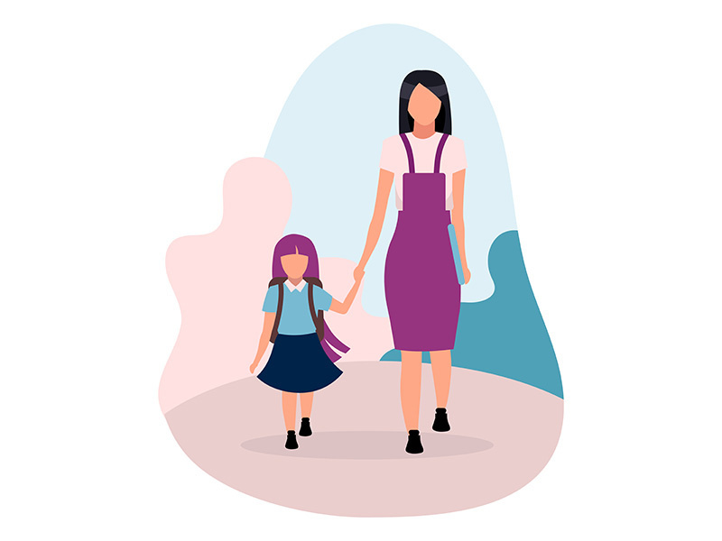 Mother with daughter going to school flat vector illustration
