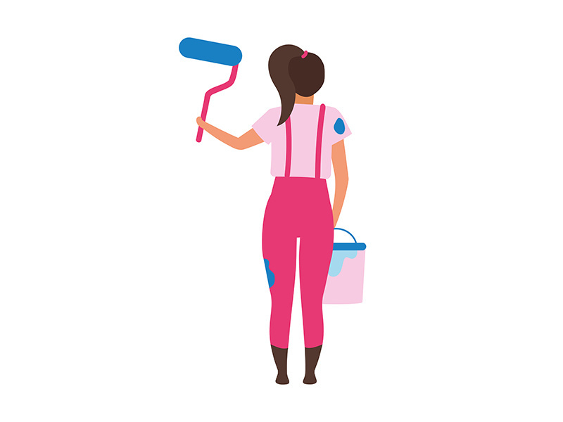 Girl with paint roller semi flat color vector character