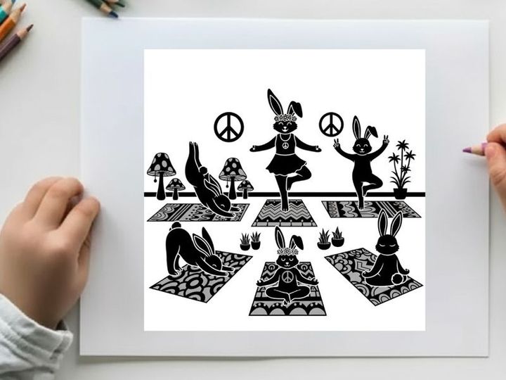Peaceful yoga practice with rabbits in silhouette