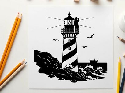 Silhouette of a lighthouse standing tall against crashing waves and seagulls silhouette