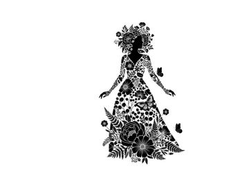 Silhouette of a woman in a floral dress with butterflies and flowers preview picture
