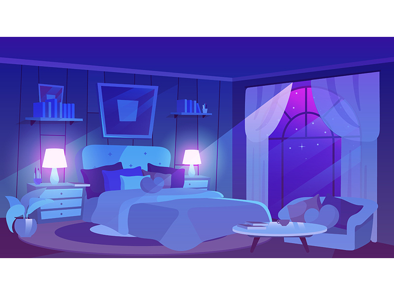 Bedroom interior in moonlight rays flat vector illustration