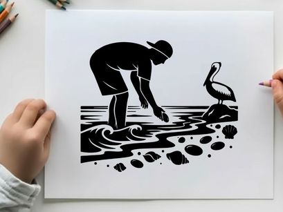 Silhouette of a man and pelican by the ocean shore