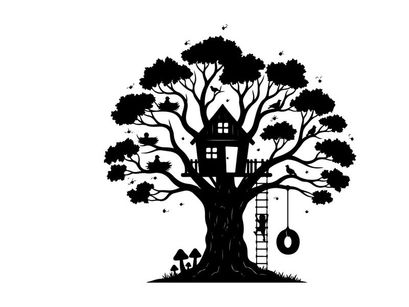 Treehouse silhouette with tire swing and ladder