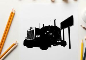 Silhouette of a semi truck beside a billboard on a white background
