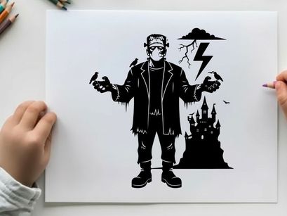 Frankenstein's monster silhouette in front of haunted castle