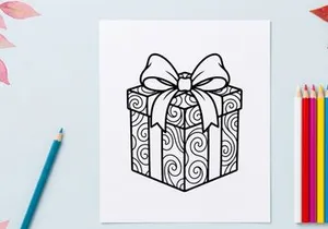 Christmas gift box with swirl pattern and bow, black and white line art illustration.
