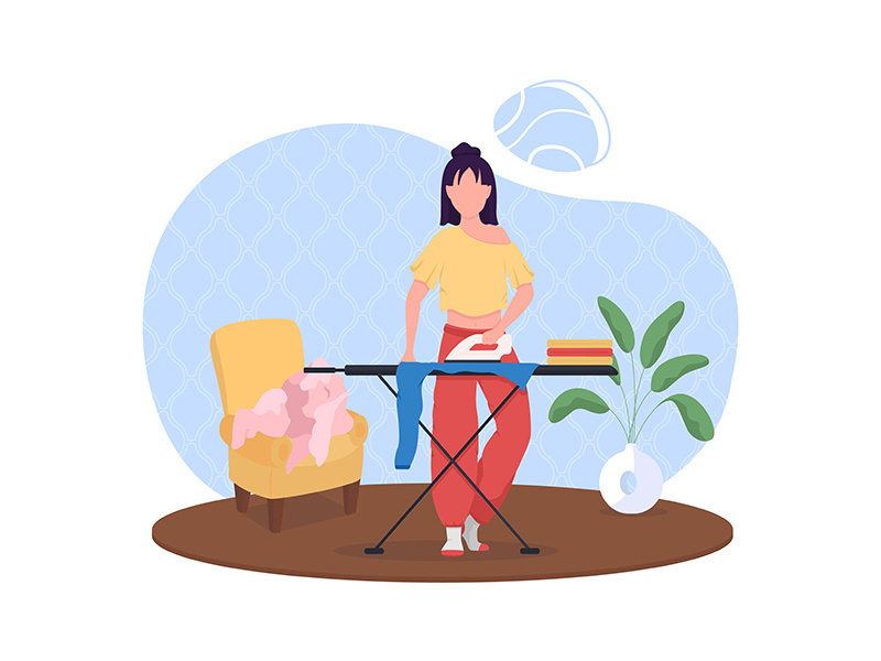 Woman ironing clothes flat color vector faceless character