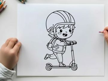 Child riding scooter with helmet vector illustration preview picture