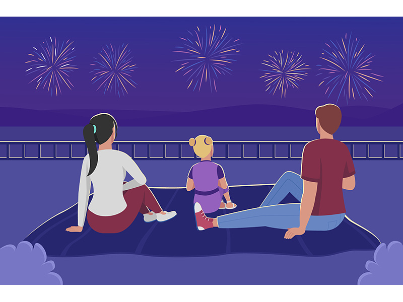 Family watching fireworks flat color vector illustration
