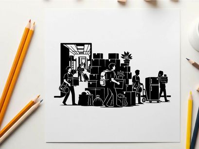 Silhouette of people moving boxes and furniture into a new home