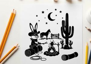 Western bunny silhouette under starry night sky with horse and cactus