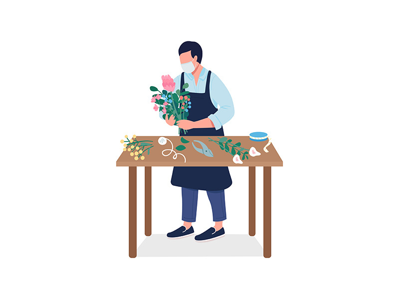 Florist with flowers in mask semi flat color vector character
