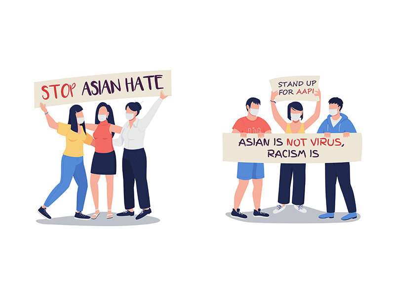 Demonstration for fighting against anti-asian violence flat color vector faceless characters set