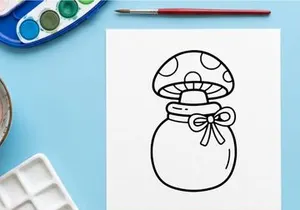 Hand-drawn Halloween mushroom jar with bow. Whimsical cartoon toadstool container for spooky seasonal decor.
