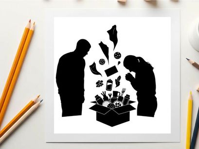 Silhouette of two people looking at items spilling out of a box silhouette