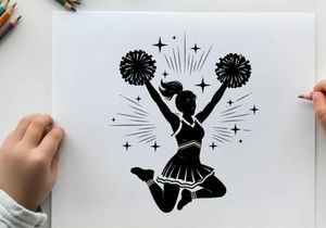 Cheerleader silhouette with pompoms and sparkles