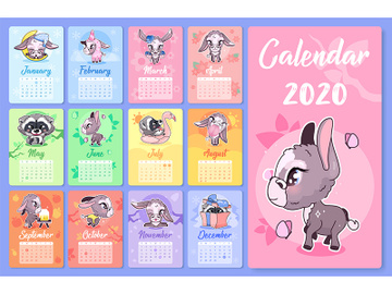 Cute animals 2020 calendar design template with cartoon kawaii characters preview picture
