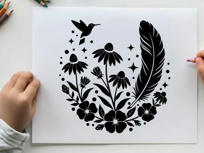 Silhouette of hummingbird flowers and feather with stars