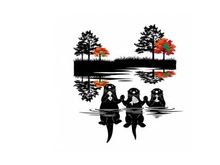 Three otters silhouette swimming in lake with trees and autumn leaves
