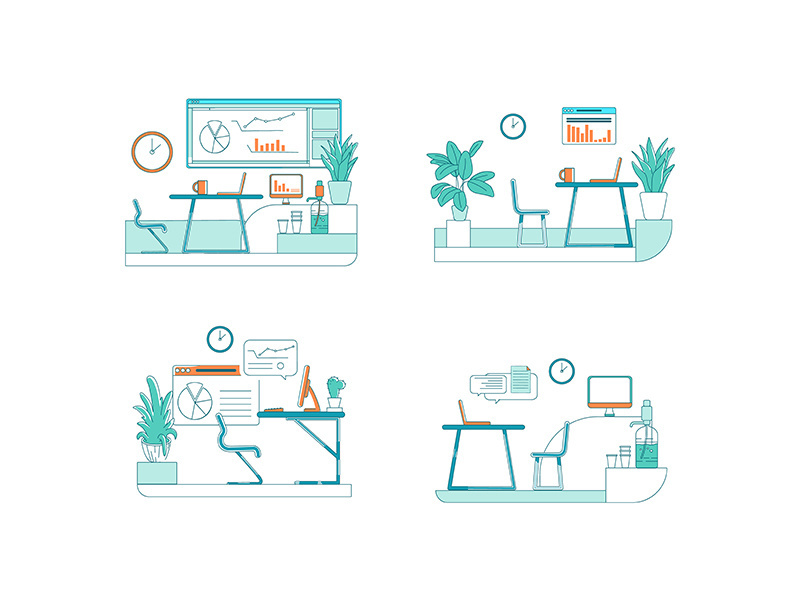 Office spaces flat color vector scene set