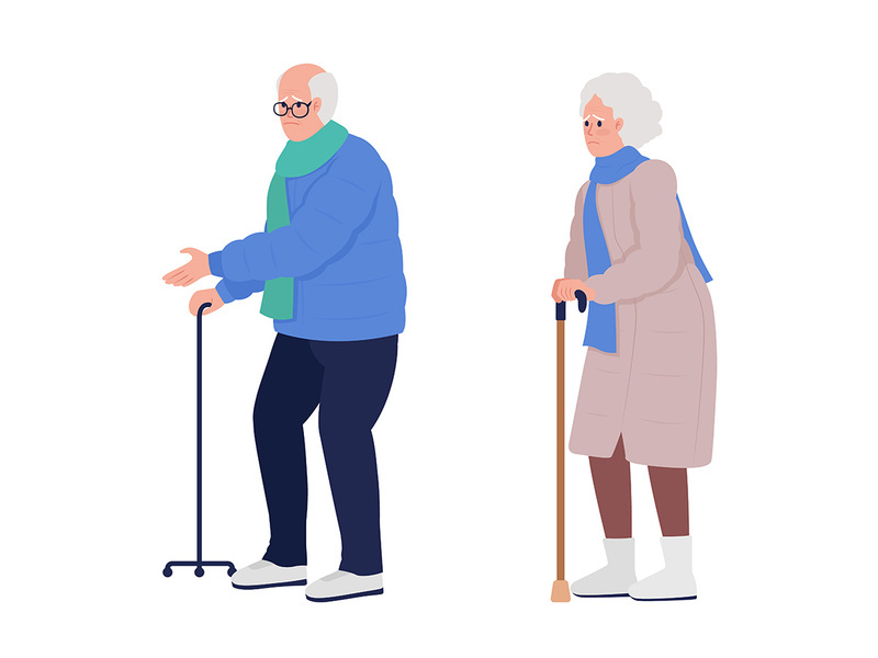Elderly people with walking canes flat color vector character set