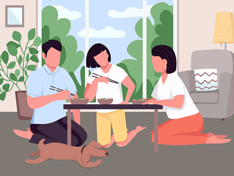 Asian family dinner flat color vector illustration