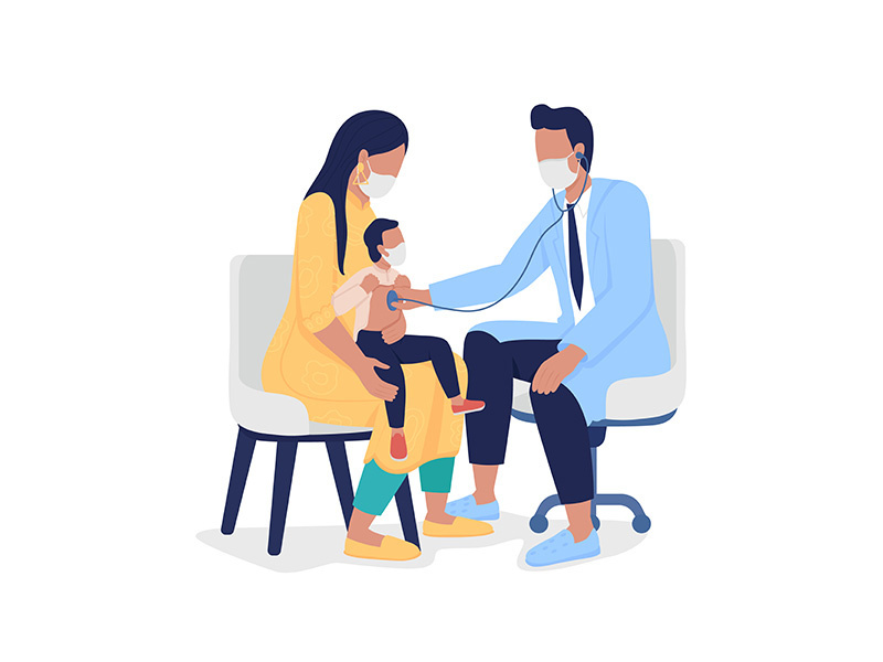 Pediatrician listening to kid with stethoscope semi flat color vector characters