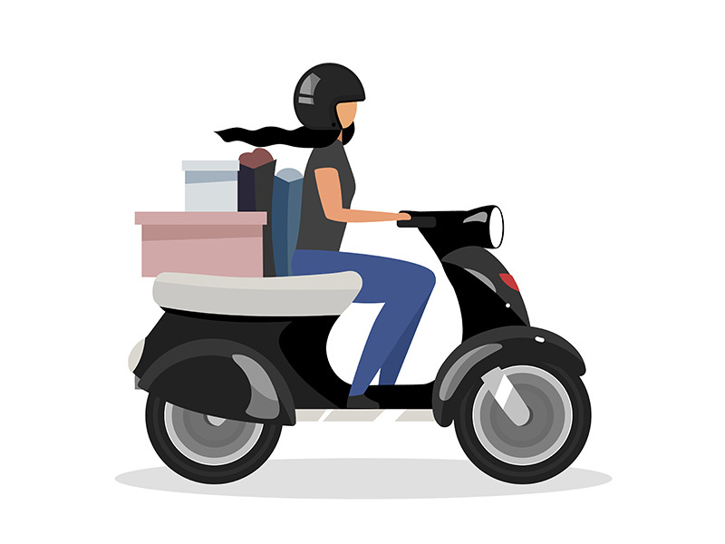 Driving scooter with goods bunch flat color vector faceless character