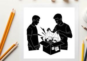 Two men examining contents of a box silhouette