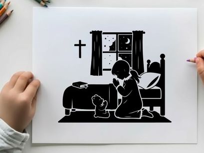 Silhouette of a girl praying beside her bed at night