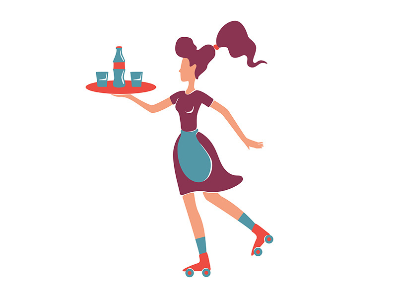 Retro style roller waitress serving flat color vector faceless character