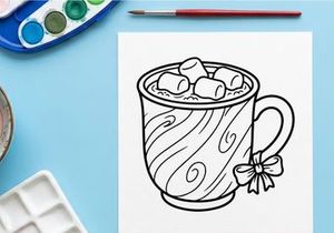 Linienkunst-Illustration einer Tasse mit Marshmallows und einer Schleife